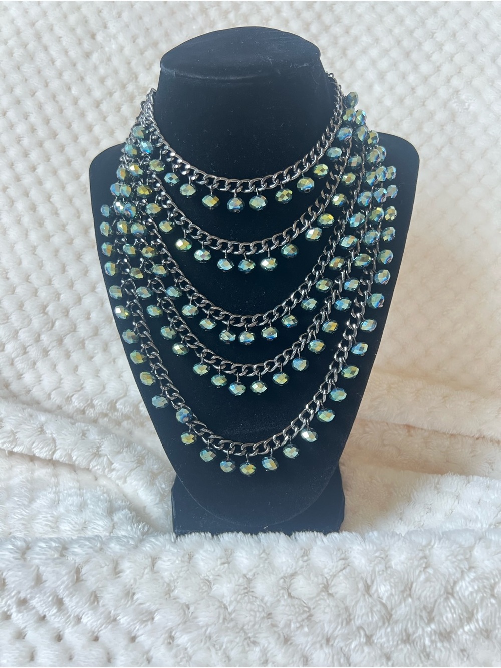 Premier Designs Multi-Strand Iridescent Green Crystal Necklace